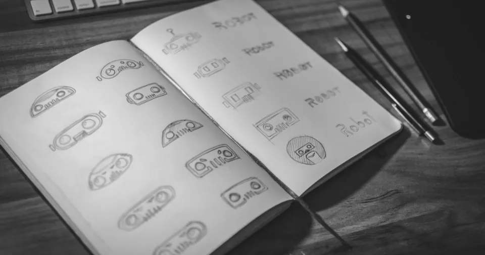 Caderno com vários esboços de logotipos